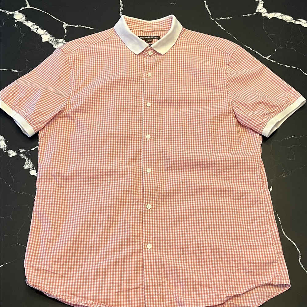 Michael Kors Men's Red Checkered Shirt with White Collar
